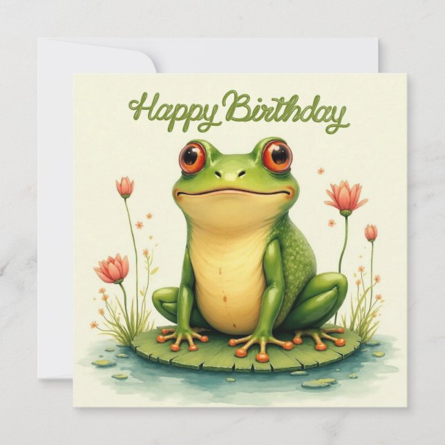 Grattis på födelsedagen Grönt Frog and Flowers Kort (Framsida)