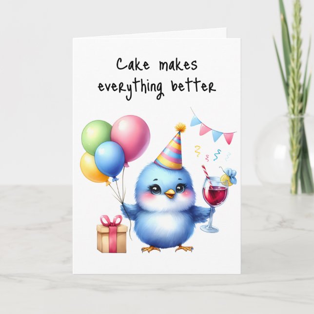Grattis på födelsedagen Grumpy Bird Cake Balloons  Kort (Framsida)
