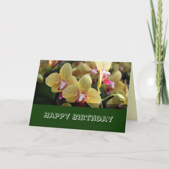 Grattis på födelsedagen, gula orkidéblommor kort (Framsida)