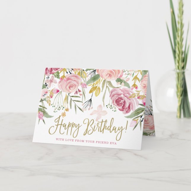 Grattis på födelsedagen| Guld och  Rosa Blommor Kort (Framsida)