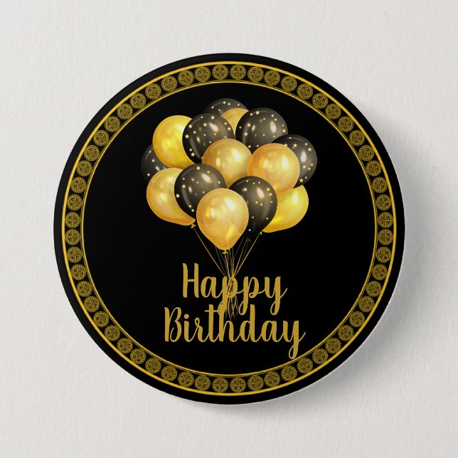 Grattis på födelsedagen, guld och svart. knapp (Framsida)