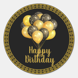 Grattis på födelsedagen, guld och svart, runt klistermärke