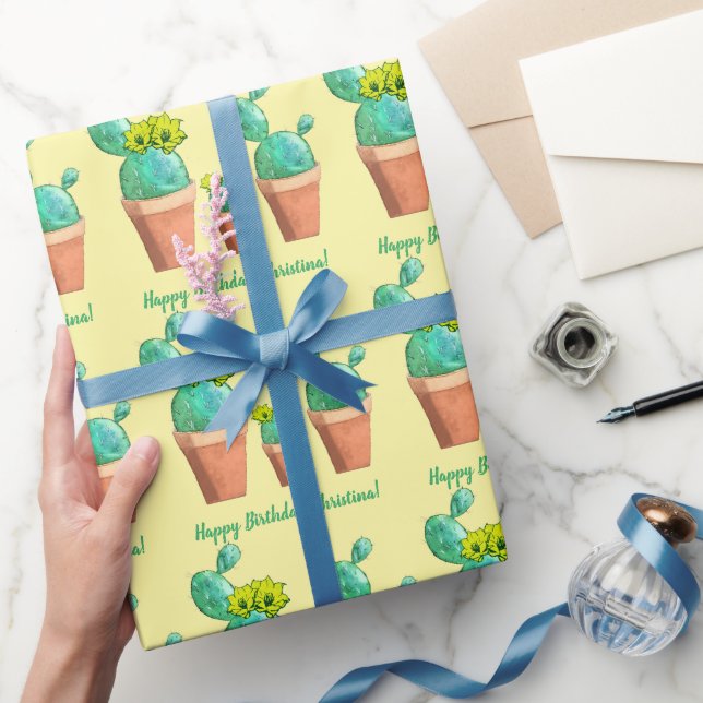 Grattis på födelsedagen Gult Blommar Poted Cactus Presentpapper (Gifting)