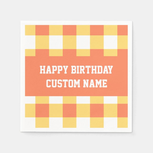 Grattis på födelsedagen gult gingham pappersservett (Framsidan)