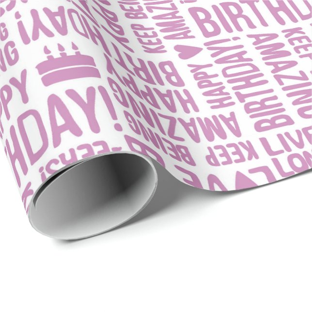 Grattis på födelsedagen Handtypsnitt i rosa på vit Presentpapper (Rullad Hörn)