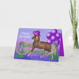 Grattis på födelsedagen häst med lila hatt och bal kort
