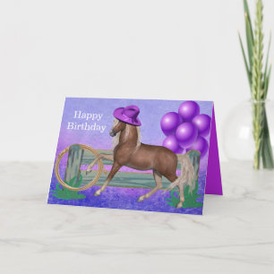 Grattis på födelsedagen häst med lila hatt och bal kort