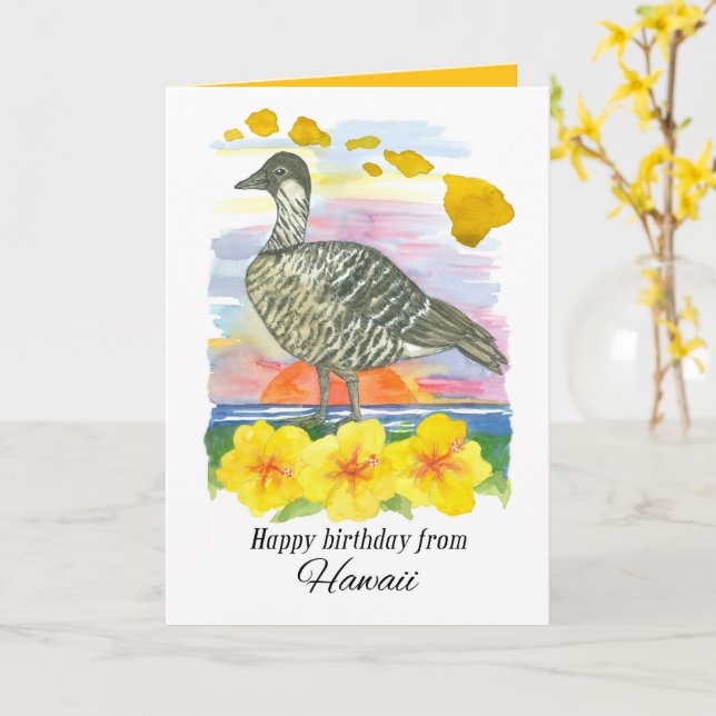 Grattis på födelsedagen Hawaii Nene Fågel Akvarell Kort (Gul blomma)