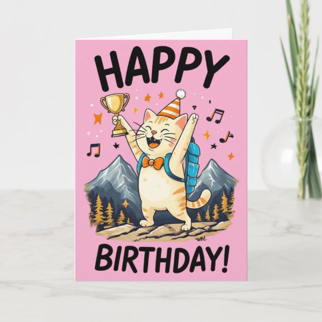 Grattis på födelsedagen Hiker Cat med trofé & topp Kort (Framsida)