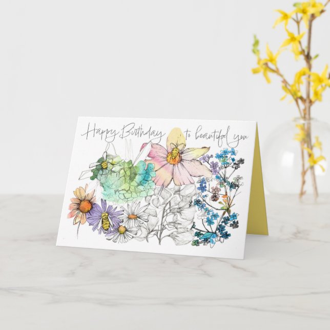 Grattis på födelsedagen Humlor Vattenfärg Blommor  Kort (Gul blomma)