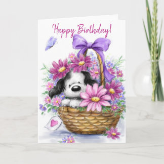 Grattis på födelsedagen, Hund i vackra Flower bask Kort