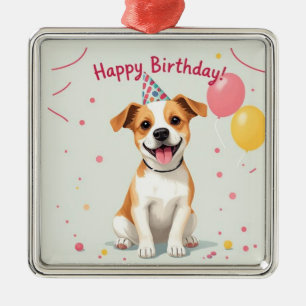 Grattis på födelsedagen Hund med festhatt & ballon Julgransprydnad Metall
