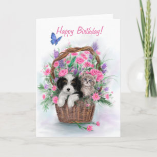 Grattis på födelsedagen, Hund och Katt i blomman b Kort