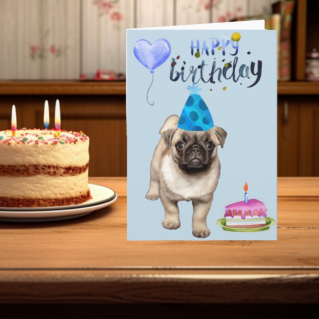 Grattis på födelsedagen Hund Pug Valp Vattenfärg Kort (Skapare uppladdad)