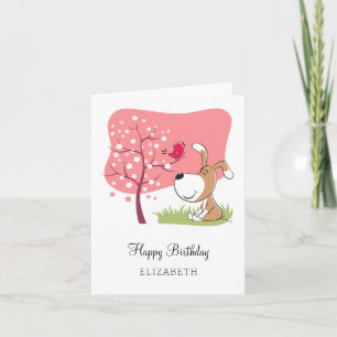 Grattis på födelsedagen Hund Puppy Bird Flower Blo Kort