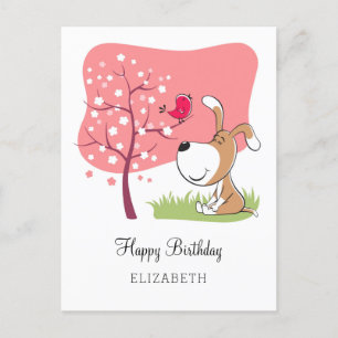 Grattis på födelsedagen Hund Puppy Bird Flower Blo Vykort