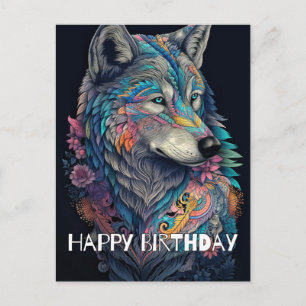 Grattis på födelsedagen Hunter Wolf Illustration Vykort