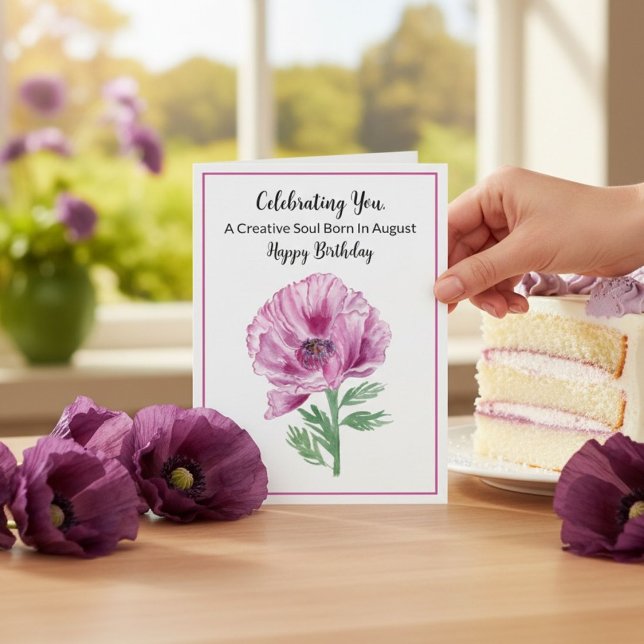 Grattis på födelsedagen i augusti Violett Vallmo Kort (Skapare uppladdad)