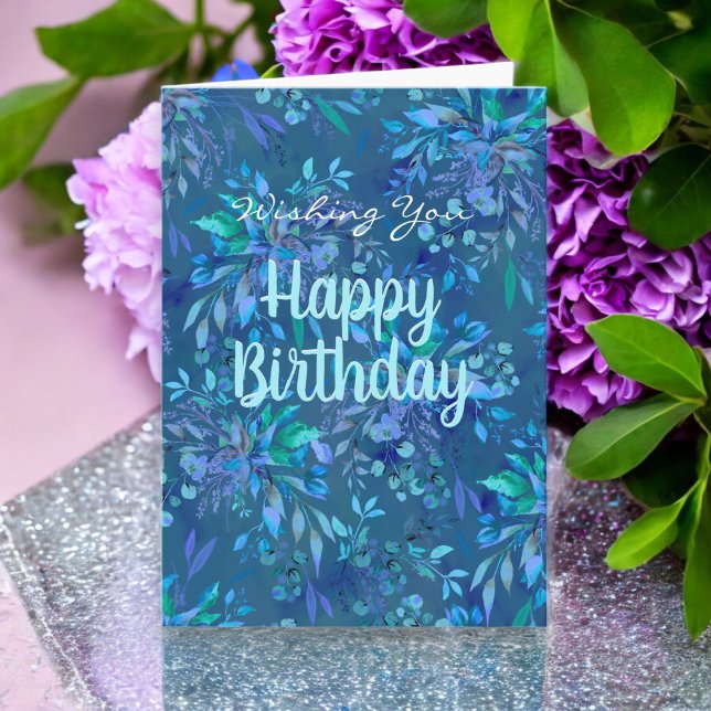 Grattis på födelsedagen i dag och alltid blå Blomm Kort (Wishing You Happy Birthday Blue Floral with Personalized Message Inside.)
