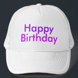 Grattis på födelsedagen i Lila och Magenta Party Truckerkeps<br><div class="desc">"Grattis på födelsedagen!" med "Lycklig" i lila och "födelsedag" i magenta.</div>