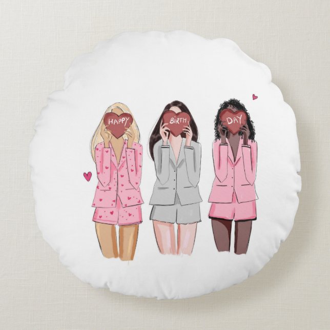 Grattis på födelsedagen illustrerar rosa flickor rund kudde (Framsidan)