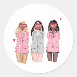Grattis på födelsedagen illustrerar rosa flickor runt klistermärke
