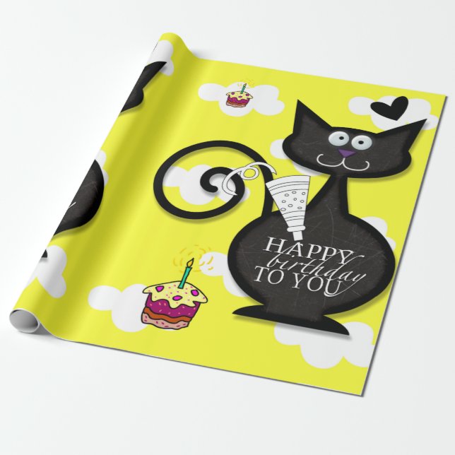 Grattis på födelsedagen Inpackningspapper Kattdam  Presentpapper (Utrullad)