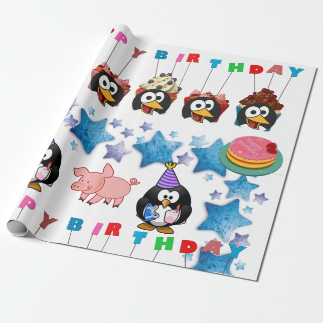 Grattis på födelsedagen-inslagning av Pappra Pengu Presentpapper (Utrullad)