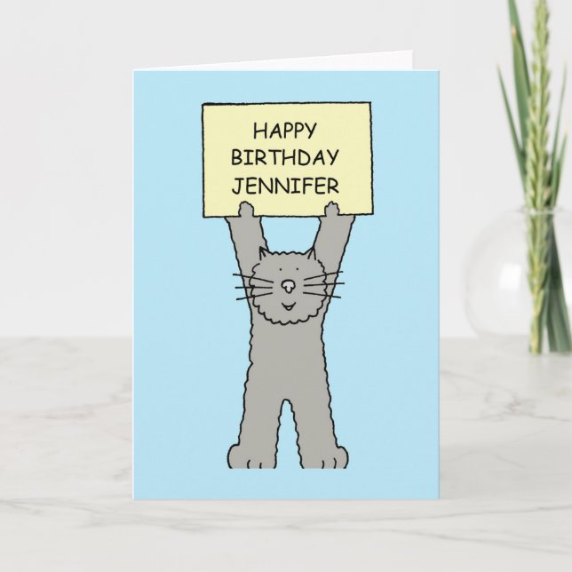 Grattis på födelsedagen Jennifer Tecknad Cat Kort (Framsida)
