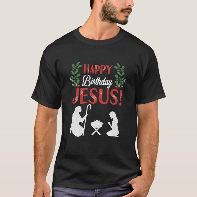 Grattis på födelsedagen Jesus Christian Manger T Shirt (Framsida)