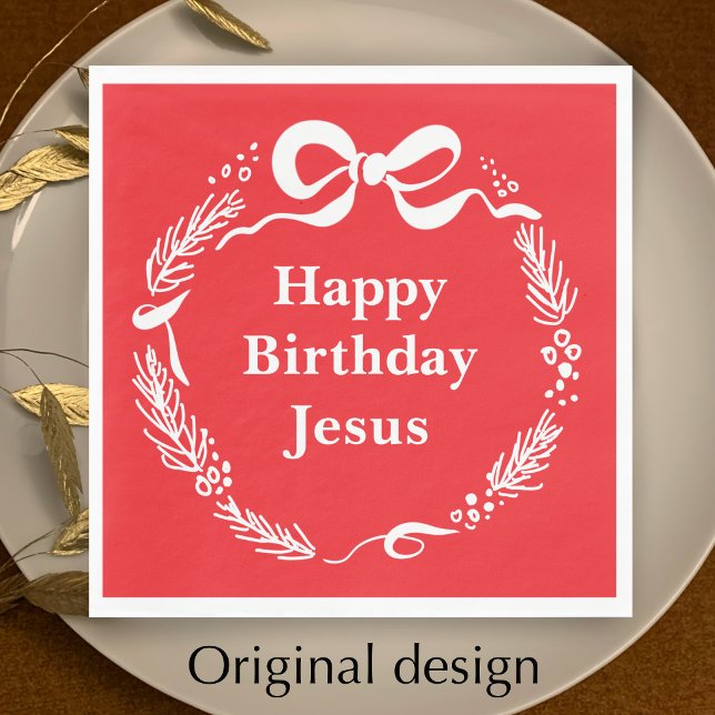 Grattis på födelsedagen Jesus | Handritad slinga j Pappersservett (Happy Birthday Jesus Christian Christmas napkins with my original wreath and bow doodle design.
)