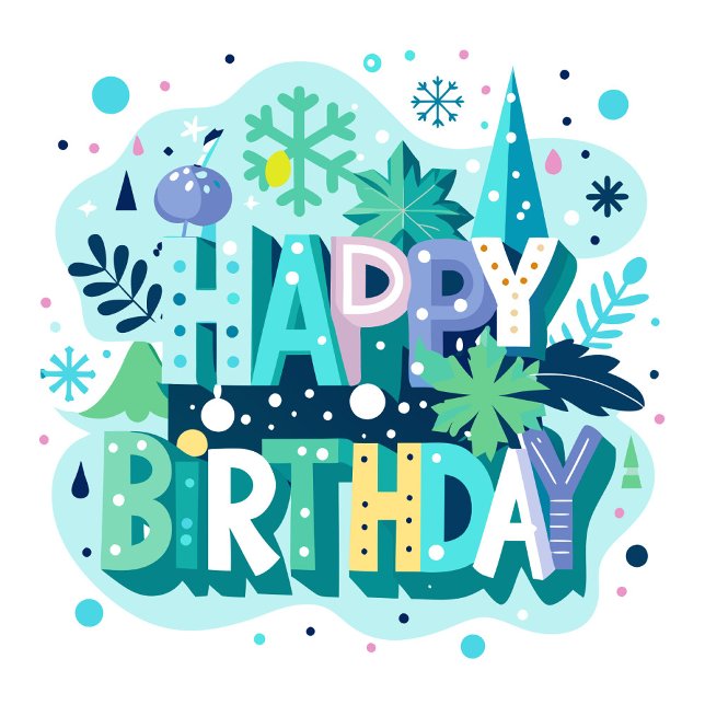 Grattis på födelsedagen  julkort (The Happy Birthday Card features a whimsical winter landscape with stylized trees and plants.)