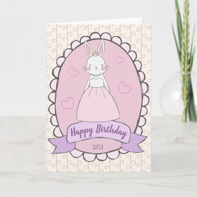 Grattis på födelsedagen kaninprinsessa rosa vit fl kort (Framsida)
