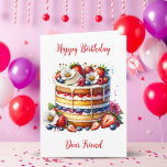 Grattis på födelsedagen Kära Friend Birthday Cake  Kort<br><div class="desc">Ett sött födelsedagskort för en vän,  med en söt födelsedagskalas täckt av färsk frukt på framsidan. Insidan har ett ljuvt sentimentalt meddelande med en färgsida också!</div>