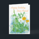 Grattis på födelsedagen Kära Friend Vegetables Pea Kort<br><div class="desc">Ett botaniskt grattis på födelsedagen-hälsningskort av söt med söta sockerbärtor,  blomkål och kamomill som blommar under sommaren och som är målad i vattenfärg.</div>