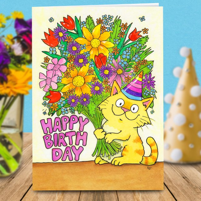 Grattis på födelsedagen katt med blommor hälsning kort (Skapare uppladdad)