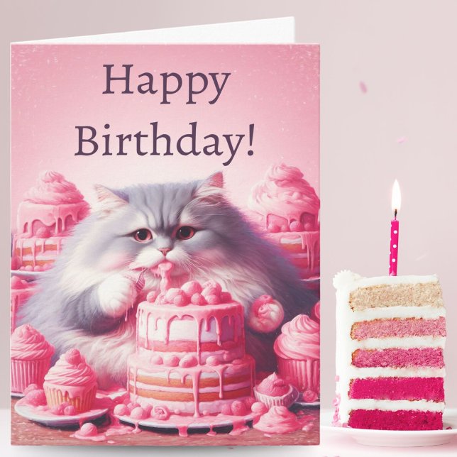 Grattis på födelsedagen katt med rosa tårta kort (Pawsitively Sweet: A Printed Card Featuring a ai artwork  Kitty Munching on Pink Cake)