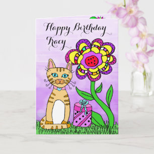 Grattis på födelsedagen Katt och blommor Kort