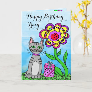 Grattis på födelsedagen Katt och blommor Kort
