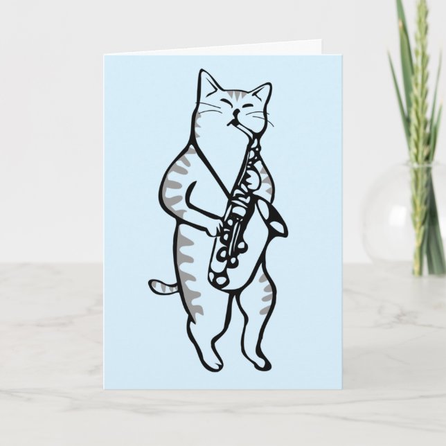 GRATTIS PÅ FÖDELSEDAGEN KATT SPELAR SAXOFON KORT (Framsida)