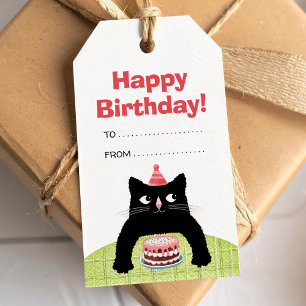 Grattis på födelsedagen katt, tårta och ballonger  presentetikett