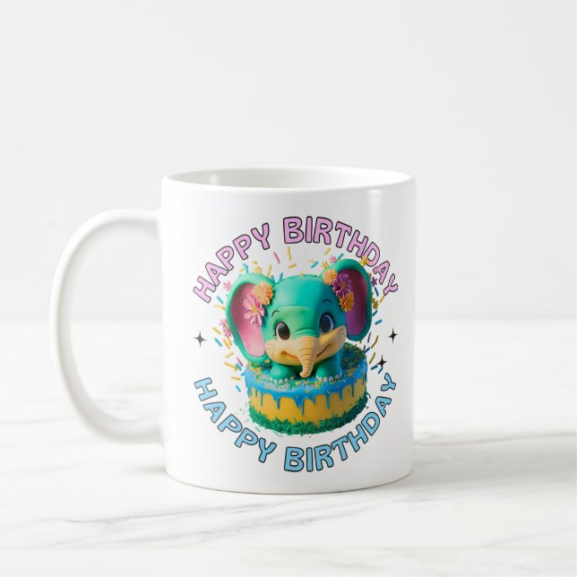 Grattis på födelsedagen Kawaii Elephant Kaffemugg (Vänster)