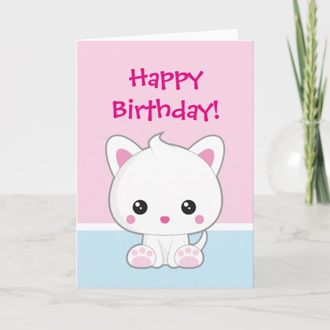 Grattis på födelsedagen Kawaii White Cat Kort (Framsida)