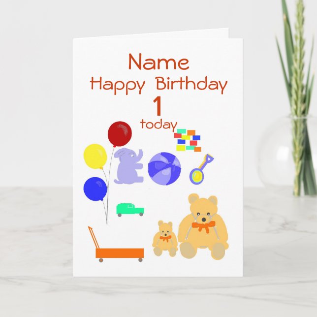 Grattis på födelsedagen-kort 1 år, Leksak, Anpassa Kort (Framsida)