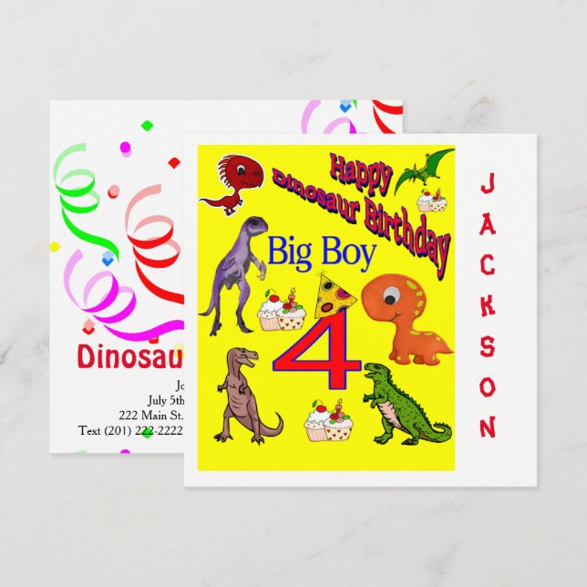 Grattis på födelsedagen Kort Inbjudan Dinosaurie (Fram/baksida)
