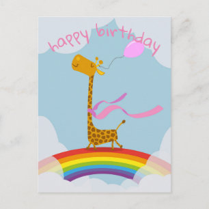 Grattis på födelsedagen-kort med giraff på regnbåg vykort