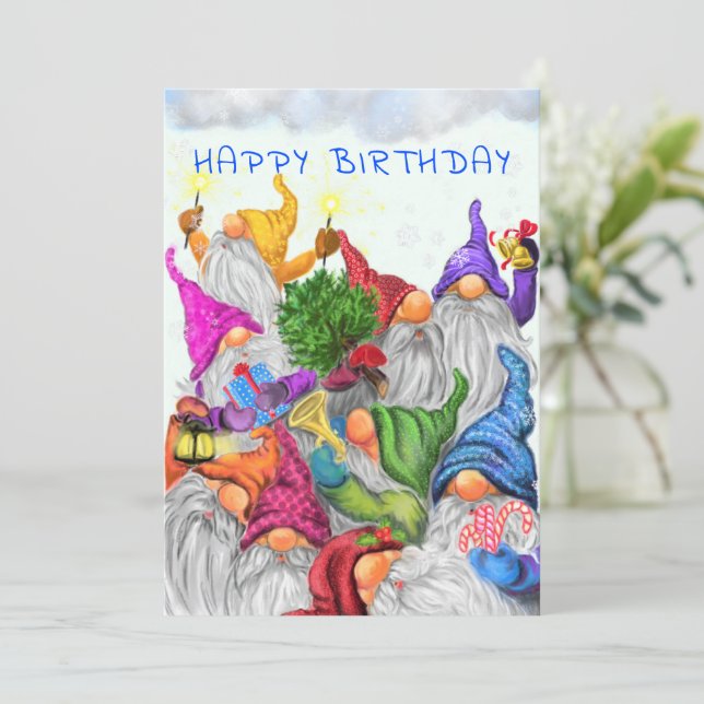 Grattis på födelsedagen-kort med Gnome Party (Stående Fram)