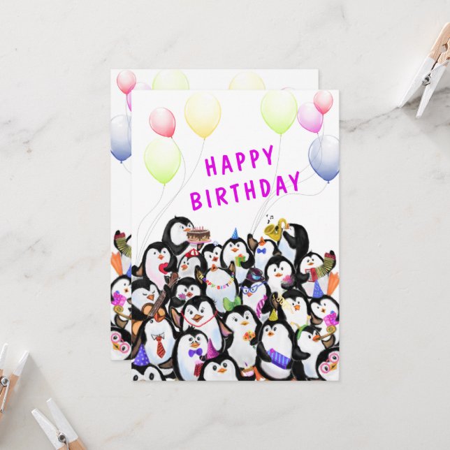 Grattis på födelsedagen-kort med Lycklig Penguin P (Fram/Back In Situ)