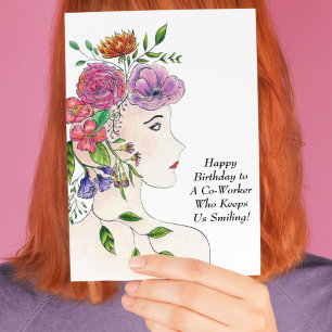 Grattis på födelsedagen kvinna med blommor kollega kort