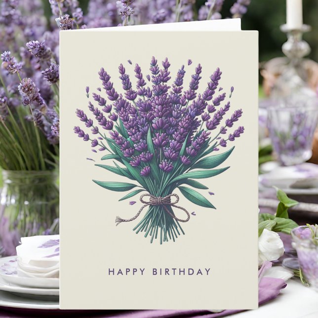 Grattis på födelsedagen Lavender Bouquet-hälsnings Tack Kort (A birthday card with lavender illustration on a table.)